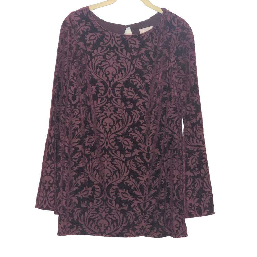 ECI NY Womens Top Medium Burgundy Velvet Jacquard Bell Sleeves Lined